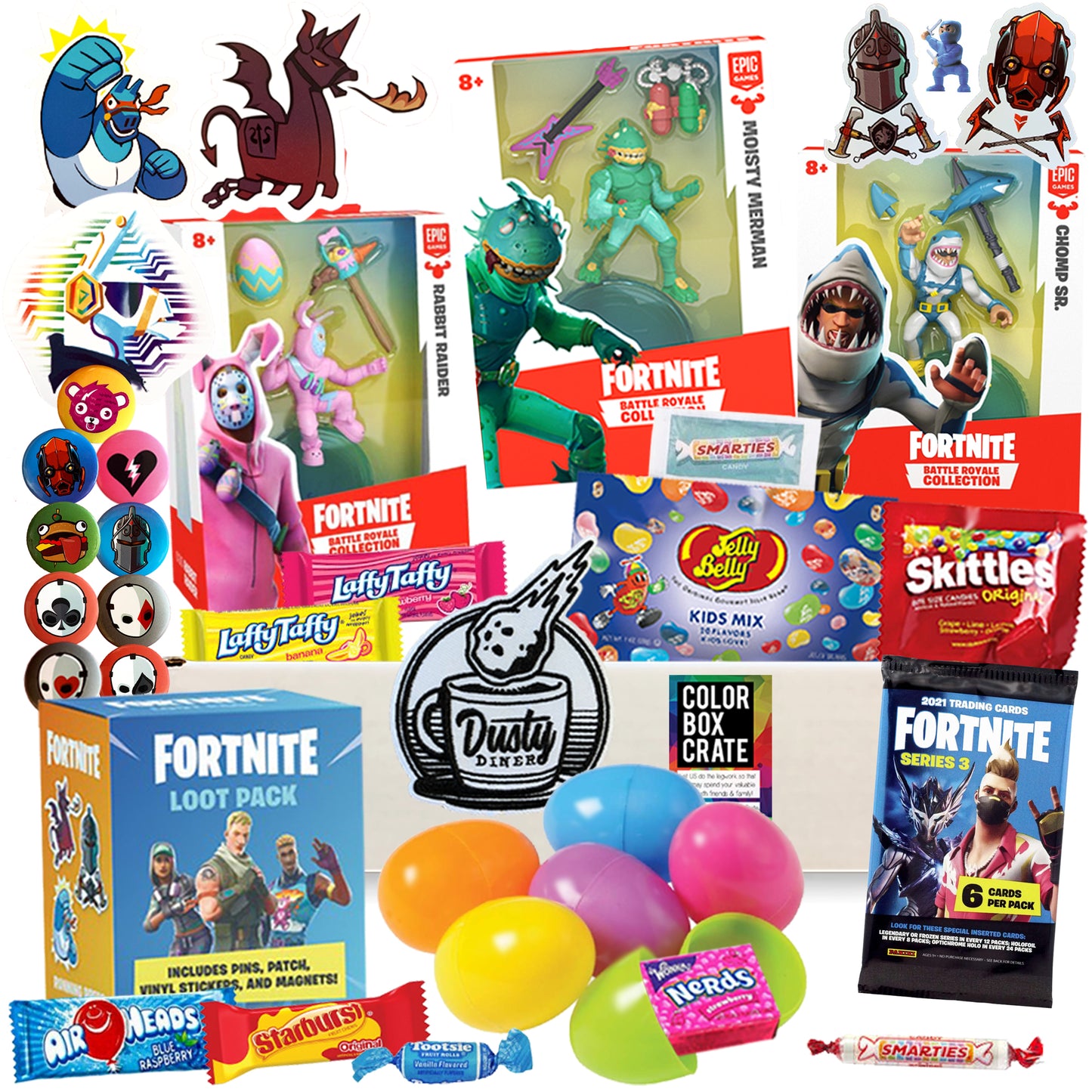 Fortnite Battle Royale Easter Basket Care Package, 20pc Set, with Battle Royale Gaming Action Figure, Supply Drop Loot Chest Box, Jelly Beans, & More