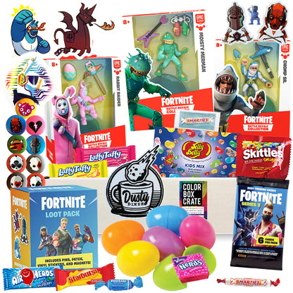 Fortnite Battle Royale Easter Basket Care Package, 20pc Set, with Battle Royale Gaming Action Figure, Supply Drop Loot Chest Box, Jelly Beans, & More