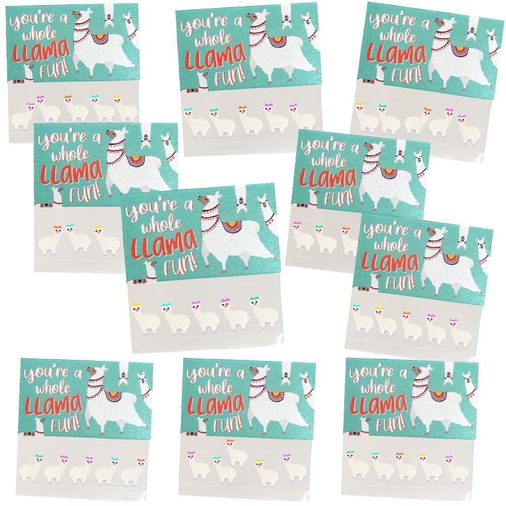 Llama Party Favors 10 Pack, Valentines Day Cards Kids School Exchange, Includes 5 Mini Llama Erasers, HASSLE FREE Pre Assembled Gift Bag
