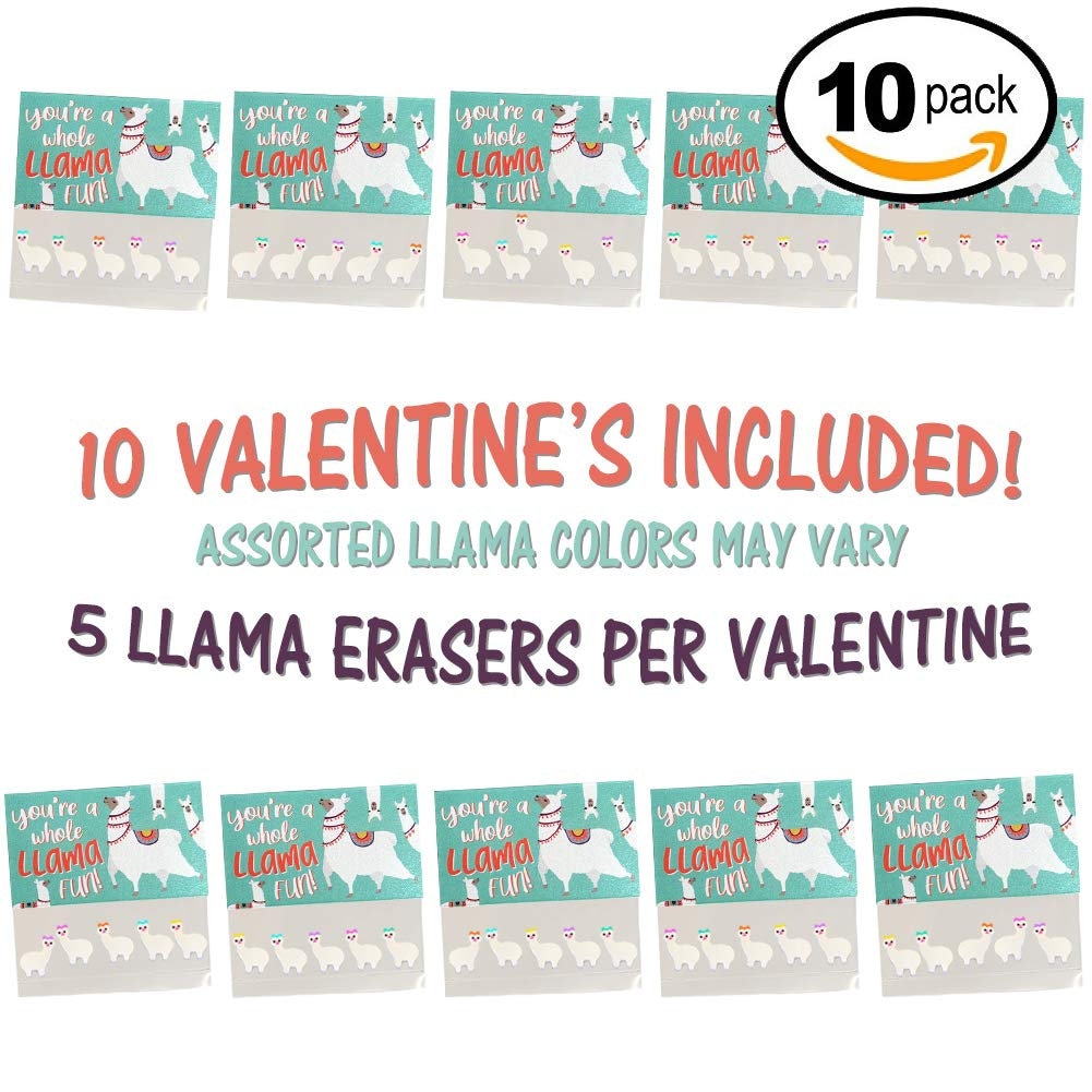 Llama Party Favors 10 Pack, Valentines Day Cards Kids School Exchange,  Includes 5 Mini Llama Erasers, HASSLE FREE Pre Assembled Gift Bag
