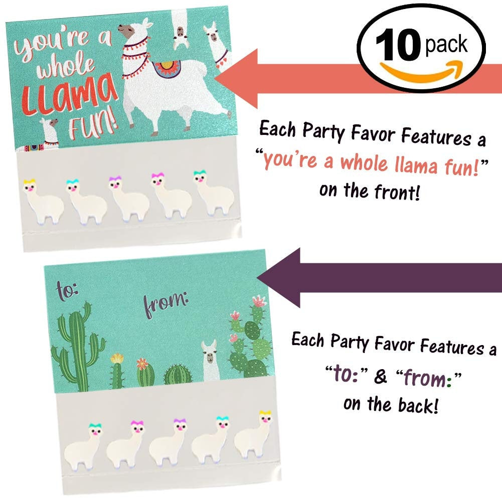 Llama Party Favors 10 Pack, Valentines Day Cards Kids School Exchange, Includes 5 Mini Llama Erasers, HASSLE FREE Pre Assembled Gift Bag
