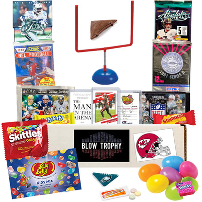 Football Cards Easter Basket Care Package 20pc Football Fan Gift Set, With Football Card Packs, Game, Sticker, Brady Set, Easter Eggs Candy
