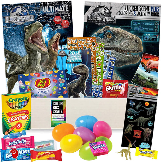 Jurassic Park Easter Basket Care Package, 20pc Set, Easter Toys with Jurassic World Dinosaur Easter Basket Stuffers, Stickers. Books & More
