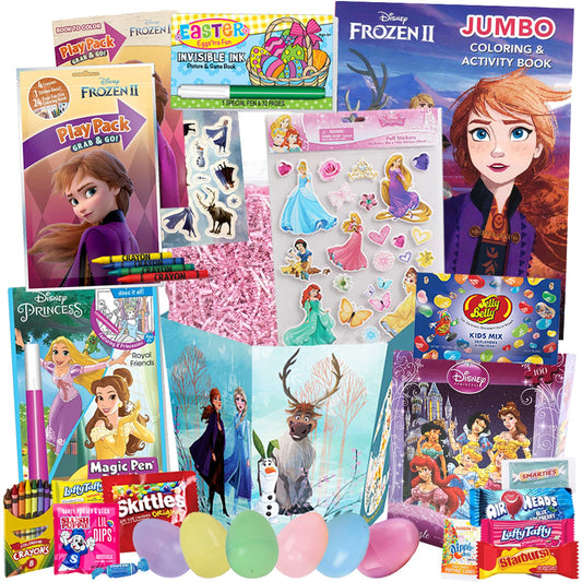 PREMIUM Disney Princess Easter Basket DIY Kit, 25pc Set, Easter Basket Stuffers with Princess Coloring Books, Stickers, Easter Candy + More!