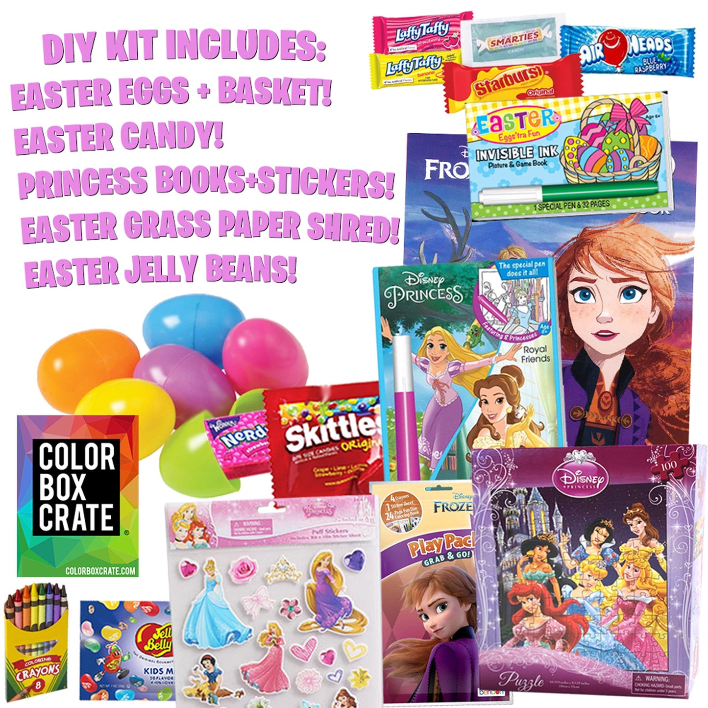 PREMIUM Disney Princess Easter Basket DIY Kit, 25pc Set, Easter Basket Stuffers with Princess Coloring Books, Stickers, Easter Candy + More!